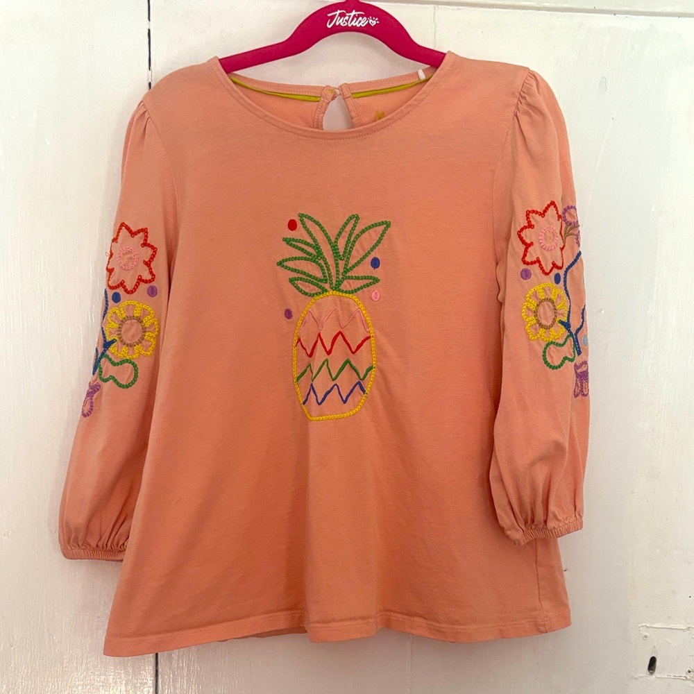 Mini Boden Coral Puneapple Embroidered Long Sleeve Tee